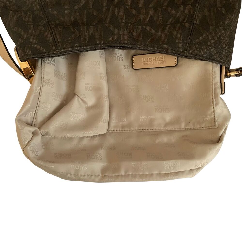 Michael Kors Brown Monogram Crossbody Bag with Gold MK Logo Ring Accent - Picture 13 of 14